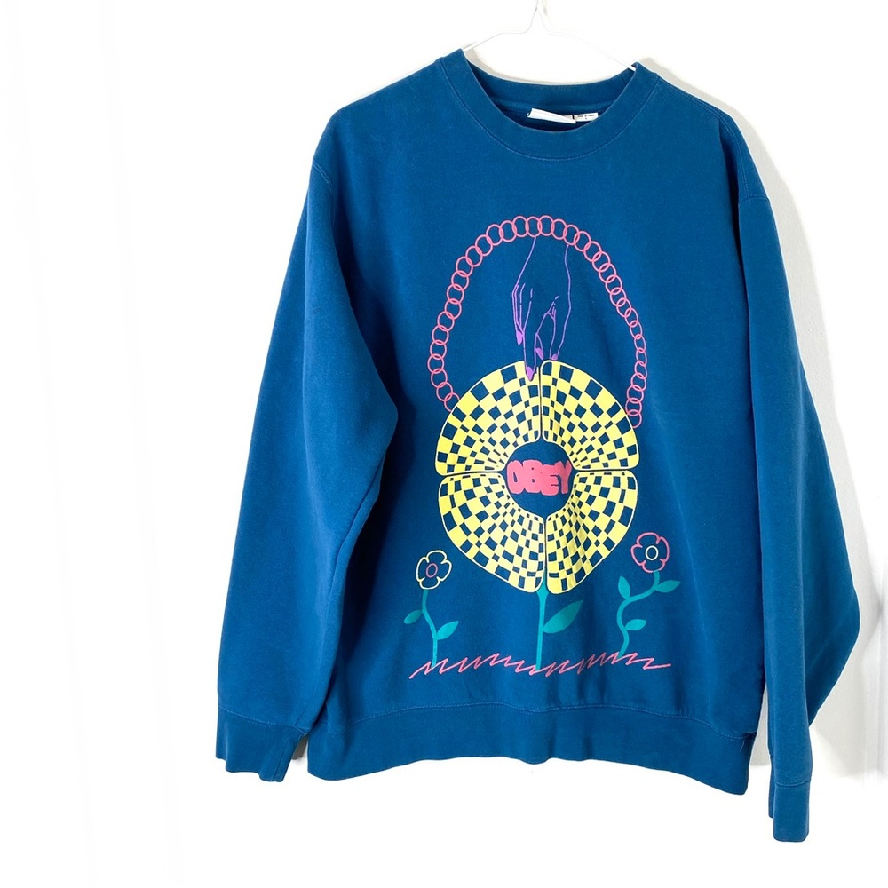 Blue Graphic Sweatshirt with Yellow Floral Print
